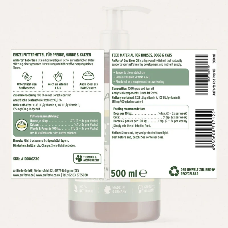 AniForte Lebertran für Hunde – Premium Omega-3 & Vitamin D Öl für starke Knochen, glänzendes Fell und natürliche Immunabwehr