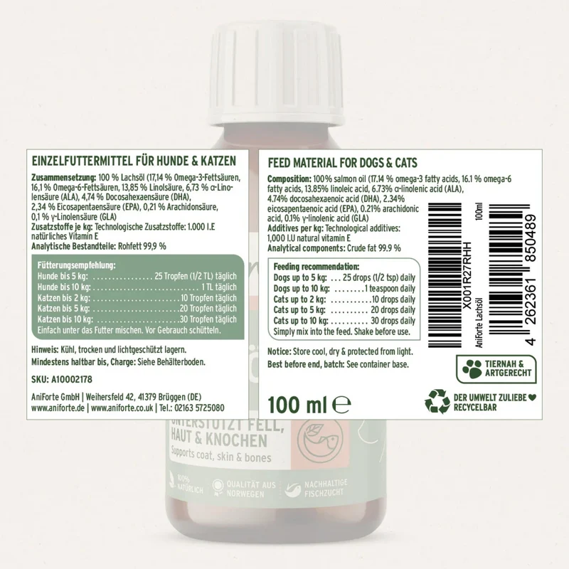 AniForte Lachsöl für Hunde – 100% Reines Norwegisches Lachsöl mit Omega-3 für Glänzendes Fell, Gesunde Haut & Starke Gelenke