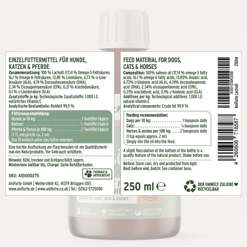 AniForte Lachsöl für Hunde – 100% Reines Norwegisches Lachsöl mit Omega-3 für Glänzendes Fell, Gesunde Haut & Starke Gelenke