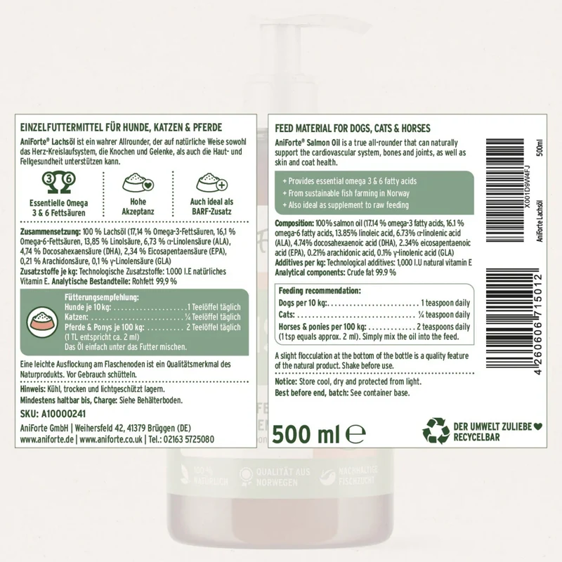 AniForte Lachsöl für Hunde – 100% Reines Norwegisches Lachsöl mit Omega-3 für Glänzendes Fell, Gesunde Haut & Starke Gelenke