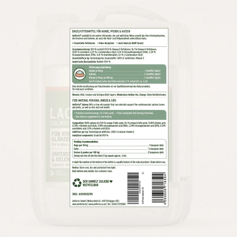 AniForte Lachsöl für Hunde – 100% Reines Norwegisches Lachsöl mit Omega-3 für Glänzendes Fell, Gesunde Haut & Starke Gelenke