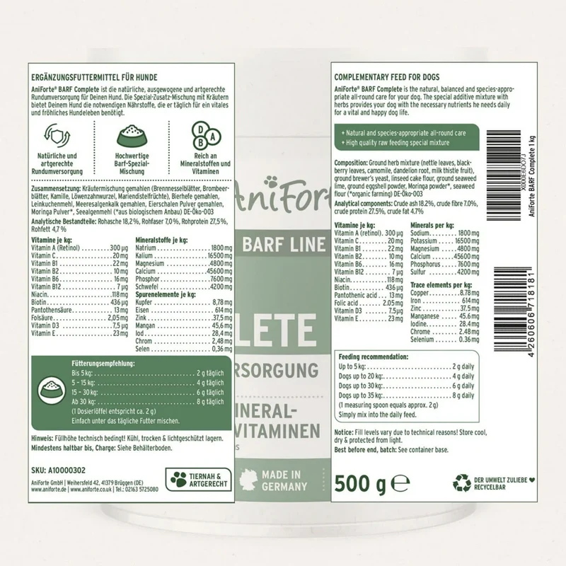 AniForte BARF Complete für Hunde – Natürliche Vitalstoffe für artgerechte Rohfütterung, Mineralien & Spurenelemente zur optimalen Nährstoffversorgung