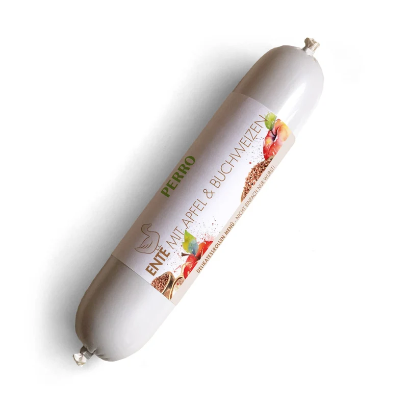 Perro Delikatessrolle Ente mit Apfel & Buchweizen – Glutenfreie Hundewurst für sensible Hunde, schnittfest & praktisch portionierbar