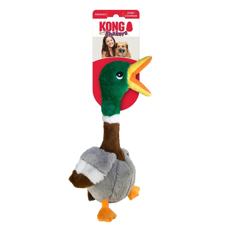 KONG Shakers Honkers Ente – Interaktives Quietsch-Hundespielzeug mit extralangem Hals für stundenlangen Schüttel- & Apportierspaß
