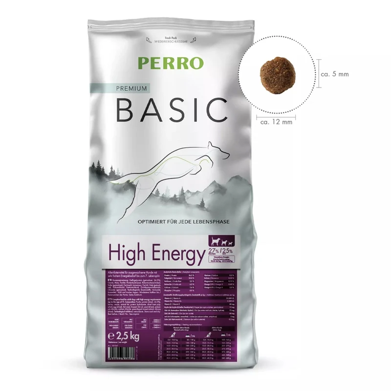 Perro Basic High Energy Trockenfutter für aktive Hunde – Premium Hundefutter mit 26,5% Protein für Dienst-, Sport- und Arbeitshunde mit hohem Energiebedarf