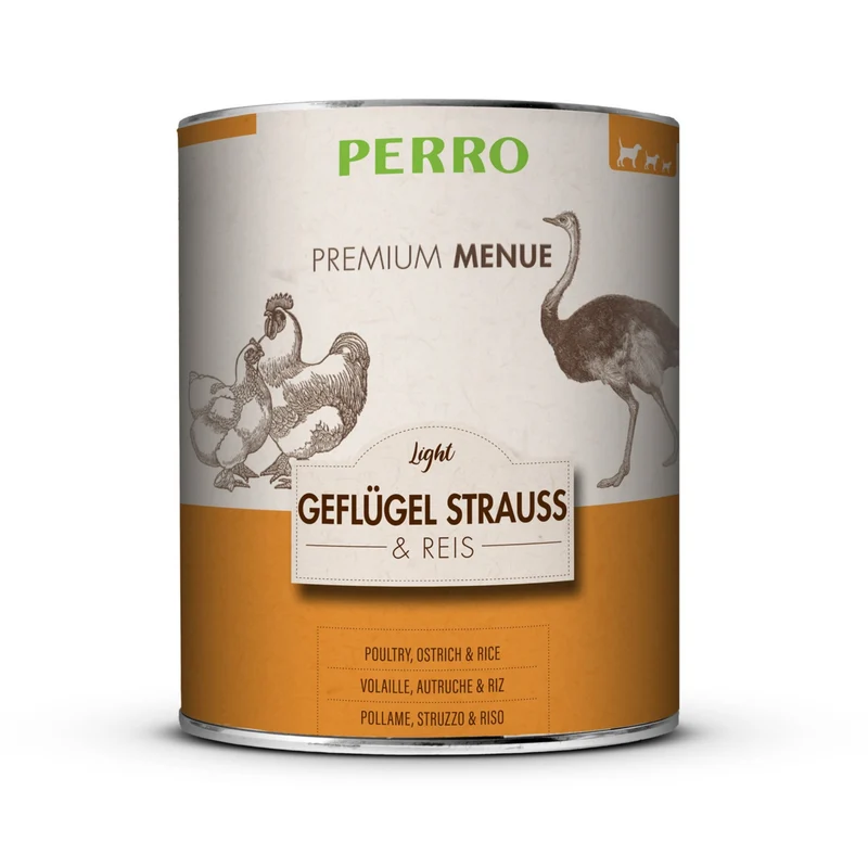 Perro Premium Menü Light Geflügel, Strauß & Reis – Kalorienreduziertes Nassfutter für übergewichtige & ältere Hunde | Glutenfrei & Leicht Verdaulich