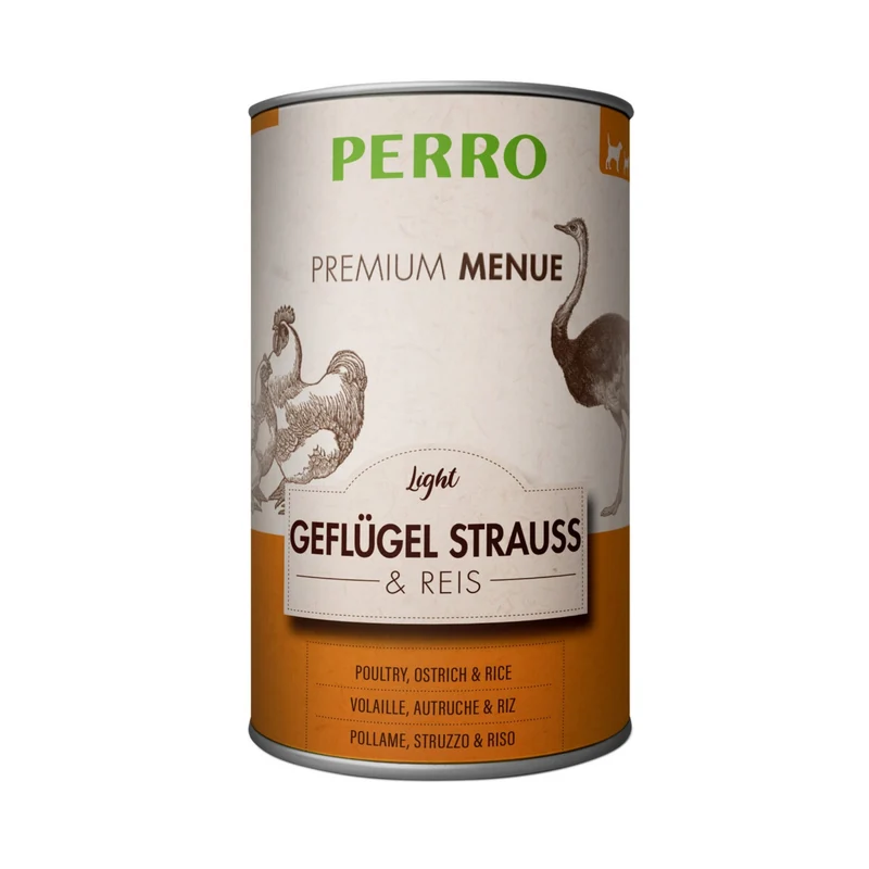 Perro Premium Menü Light Geflügel, Strauß & Reis – Kalorienreduziertes Nassfutter für übergewichtige & ältere Hunde | Glutenfrei & Leicht Verdaulich