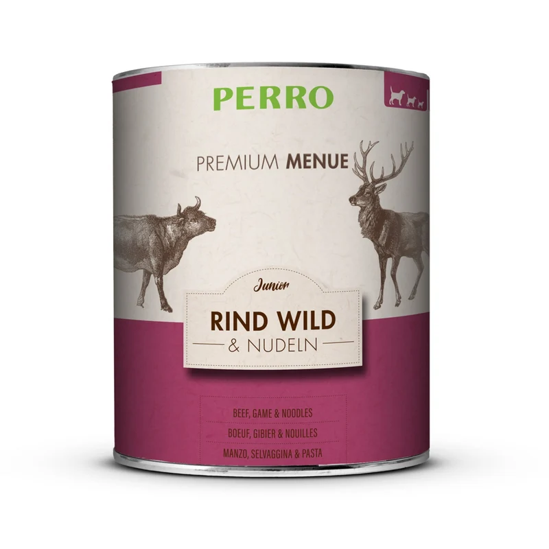 Perro Premium Menü Junior mit Rind, Wild & Nudeln – Hochwertiges Nassfutter für Welpen & Junghunde mit optimiertem Ca-/Ph-Verhältnis für gesundes Wachstum