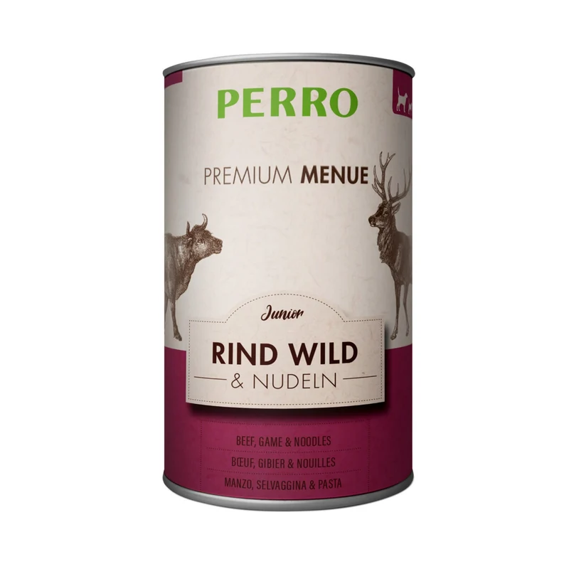 Perro Premium Menü Junior mit Rind, Wild & Nudeln – Hochwertiges Nassfutter für Welpen & Junghunde mit optimiertem Ca-/Ph-Verhältnis für gesundes Wachstum
