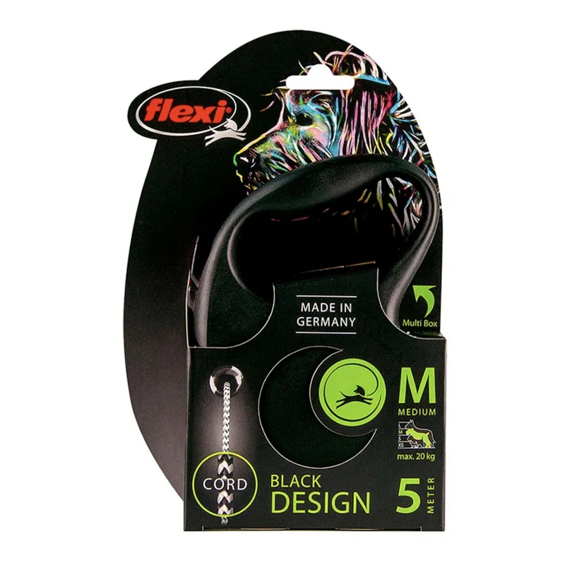 Flexi Black Design Seilleine – Ausziehbare Hundeleine mit Seilführung für kleine bis mittelgroße Hunde, Automatik-Rollleine mit One-Touch-Bedienung