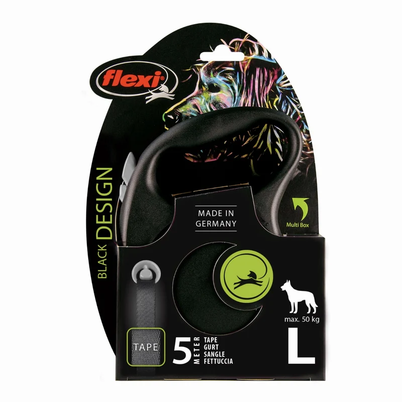 Flexi Black Design Gurtleine – Ausziehbare Hundeleine mit Bremssystem für mittelgroße bis große Hunde, 5m Gurt in stylischen Farben