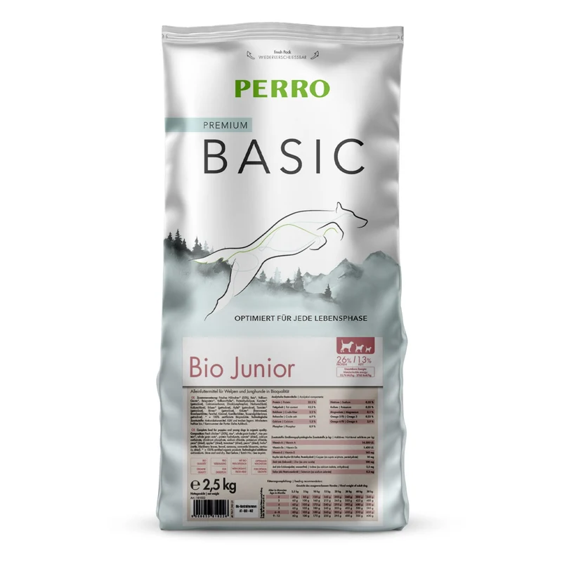 Perro Basic Bio Junior Geflügel & Gemüse – Premium Welpen-Trockenfutter für gesundes Wachstum, weizenfrei & 100% Bio-Qualität