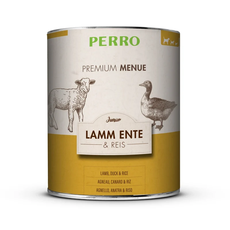 Perro Premium Menü Junior Nassfutter – Glutenfreies Welpenfutter mit Lamm, Ente & Reis für gesundes Wachstum und glänzendes Fell