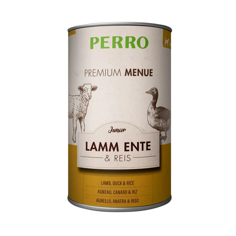 Perro Premium Menü Junior Nassfutter – Glutenfreies Welpenfutter mit Lamm, Ente & Reis für gesundes Wachstum und glänzendes Fell