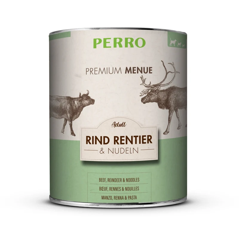 Perro Premium Menü Adult Rind, Rentier & Nudeln – High-Premium Nassfutter mit hohem Fleischanteil für ausgewogene Hundeernährung