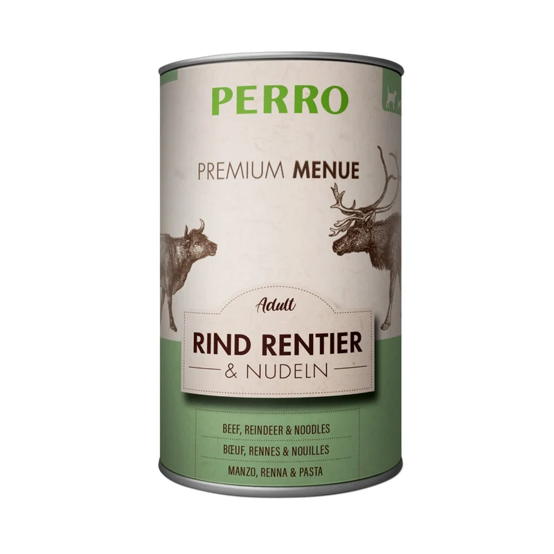 Perro Premium Menü Adult Rind, Rentier & Nudeln – High-Premium Nassfutter mit hohem Fleischanteil für ausgewogene Hundeernährung