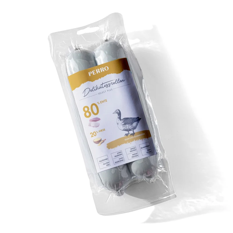 Perro Delikatessrolle No.2 Ente & Hirse - Premium Hundewurst für sensible Hunde, 100% weizenfrei, glutenfrei, ideal bei Allergien & Unverträglichkeiten