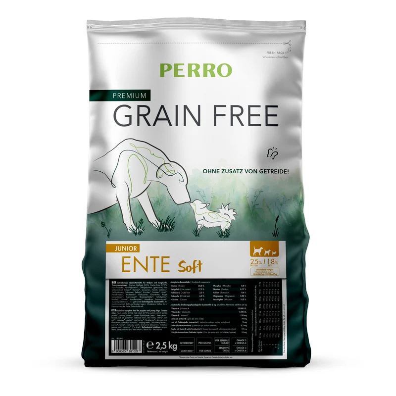 Perro Grain Free Junior Ente Soft – Getreidefreies Welpenfutter mit Ente für sanfte Verdauung, starke Knochen und gesundes Wachstum