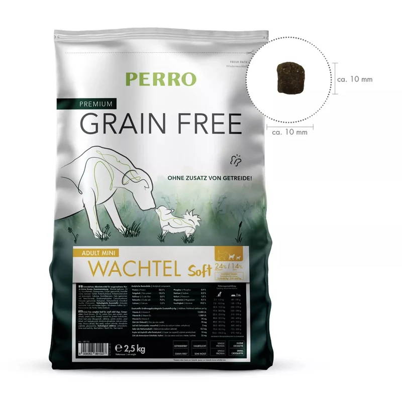 Perro Grain Free Adult Mini Wachtel Soft – Getreidefreies Premium-Trockenfutter für kleine Hunde mit empfindlicher Verdauung