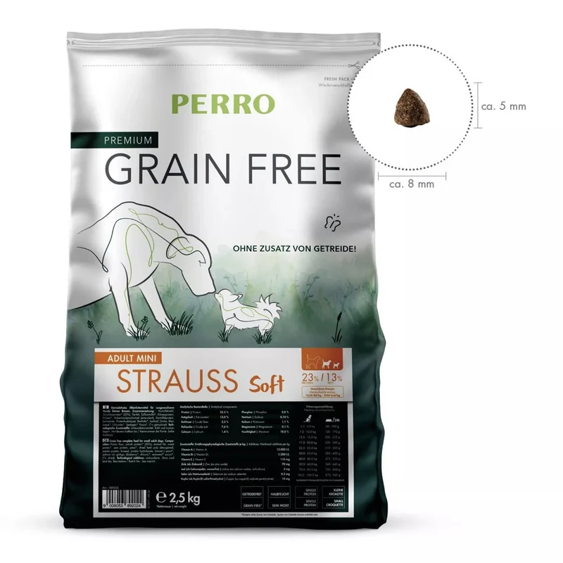 Perro Grain Free Adult Mini Strauß Soft – Getreidefreies Trockenfutter für kleine Hunde mit empfindlicher Verdauung