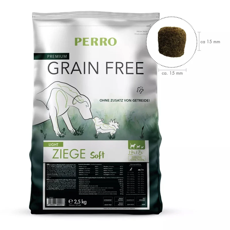 Perro Grain Free Adult Light Ziege Soft – Getreidefreies Diät-Trockenfutter für übergewichtige & ernährungssensible Hunde mit Ziegenfleisch