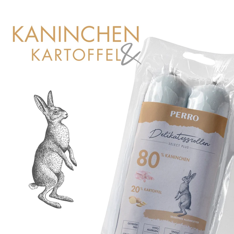 Perro Delikatessrolle No.1 Kaninchen & Kartoffel – Premium Hundewurst mit 80% Frischfleisch, getreidefrei & hypoallergen für sensible Hunde