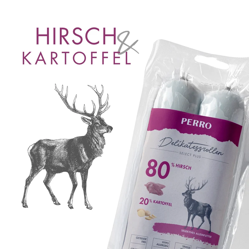 Perro Delikatessrolle Hirsch & Kartoffel - Getreidefreie Hundewurst für sensible Hunde