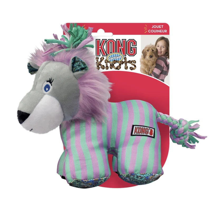 KONG Knots Carnival Lion – Robustes Plüsch-Hundespielzeug mit Quietscher & geknotetem Innenskelett für langanhaltenden Kauspaß