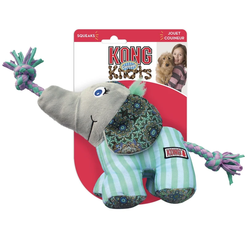 KONG Knots Carnival Elephant – Robustes Plüschspielzeug mit verstärktem Knotenseil-Skelett, Quietscher und weichem Fell für aktive Hunde