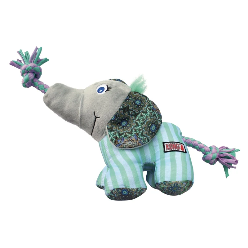 KONG Knots Carnival Elephant – Robustes Plüschspielzeug mit verstärktem Knotenseil-Skelett, Quietscher und weichem Fell für aktive Hunde