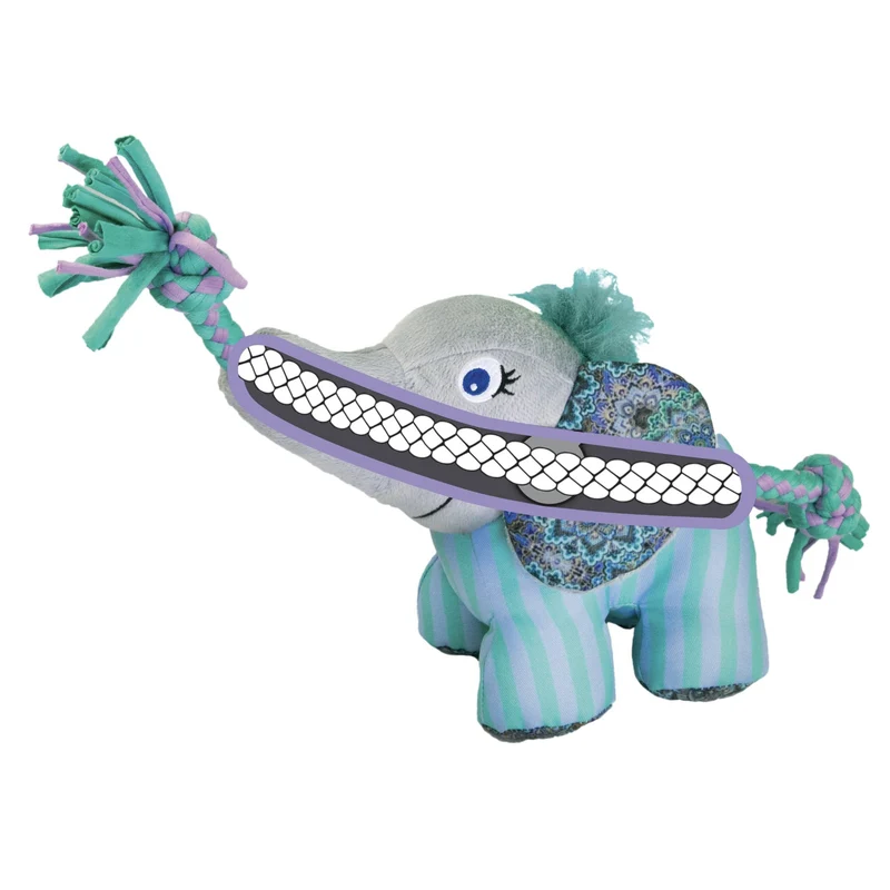 KONG Knots Carnival Elephant – Robustes Plüschspielzeug mit verstärktem Knotenseil-Skelett, Quietscher und weichem Fell für aktive Hunde