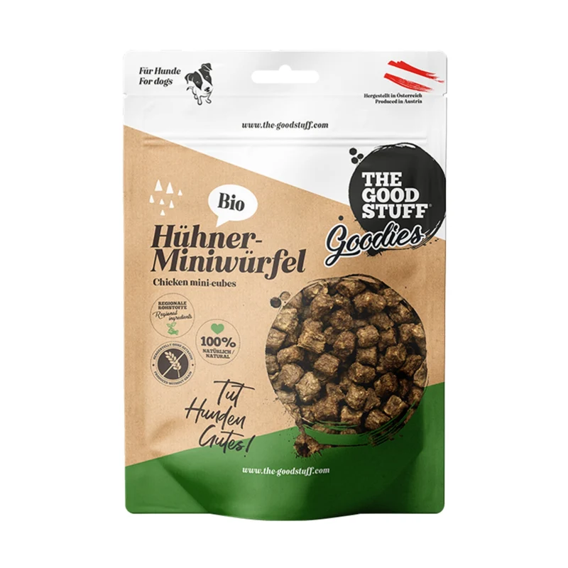 The Goodstuff BIO Hühner-Miniwürfel – Getreidefrei, Luftgetrocknet & Buchenholzgeräuchert | Premium Trainingsleckerli für Hunde