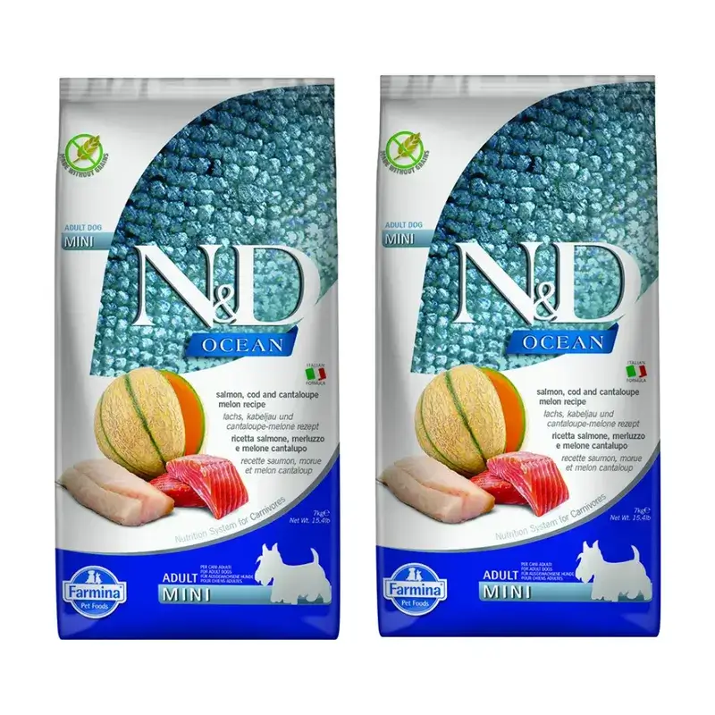 Farmina N&D Dog Ocean Salmon Bacalao Mini 7Kg, Pienso Para Perros, Pack De 2