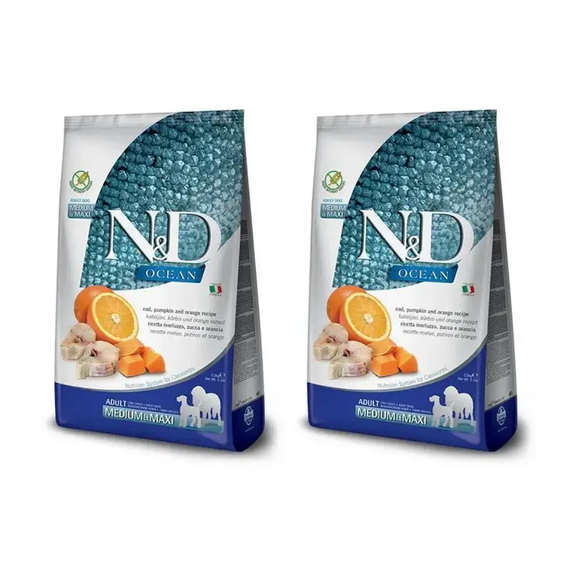 Farmina N&D Dog Ocean Calabaza Medium Maxi Bacalao 12Kg, Pienso Para Perros, Pack De 2