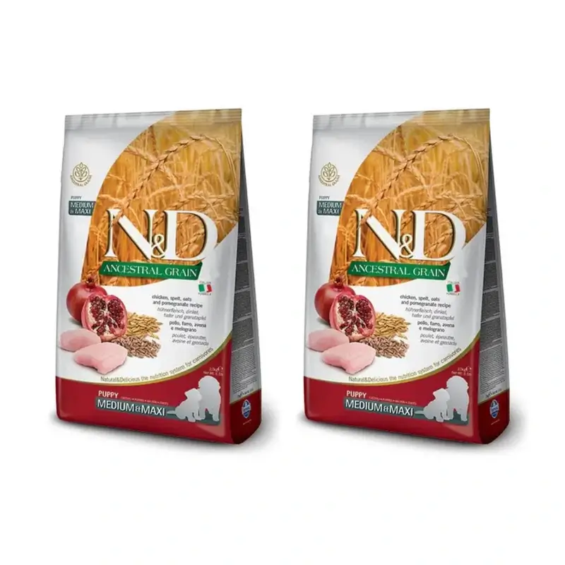 Farmina N&D Dog Puppy Ancestral Medium Maxi Pollo 12Kg, Pienso Para Perros Cachorros, Pack De 2