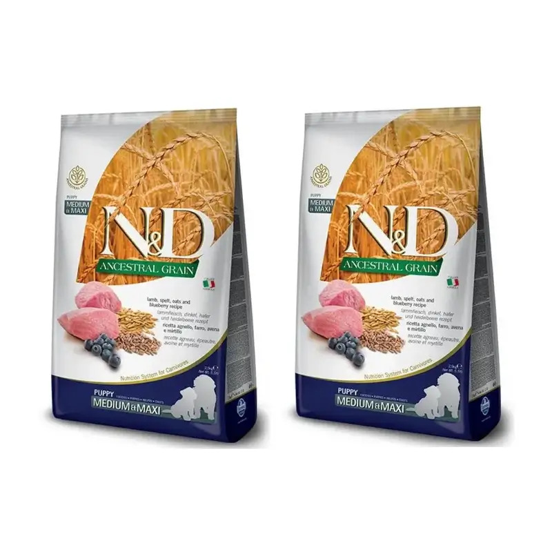 Farmina N&D Dog Puppy Ancestral Medium Maxi Cordero 12Kg, Pienso Para Perros Cachorros, Pack De 2